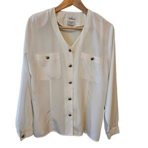 Vintage 80s Worthington Women's Cream & Gold Button Down Blouse, Size 14